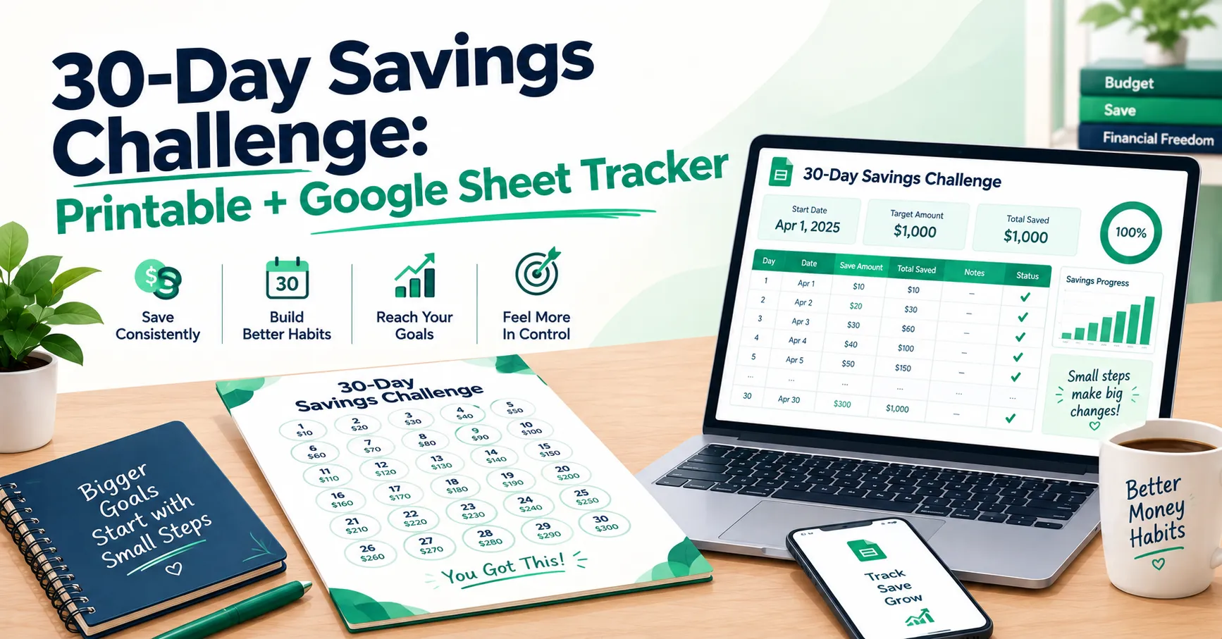 30-Day Savings Challenge- Printable + Google Sheet Tracker
